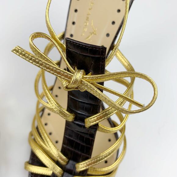 Alexandra Neel Heels Brown Gold Leather Sandals Strappy Italy Women's 39 US 9 - Picture 5 of 11